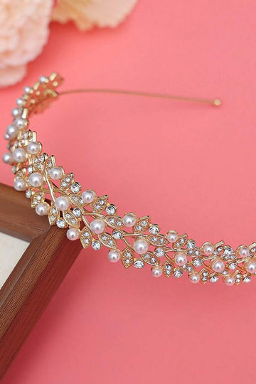 Gold Pearl Leaf Vine Bridal Headband Rhinestone Wedding Headband