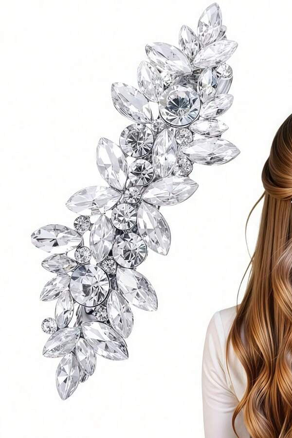 Crystal Leaf Rhinestone Silver Bridal Hair Barrette Wedding Hair Clip