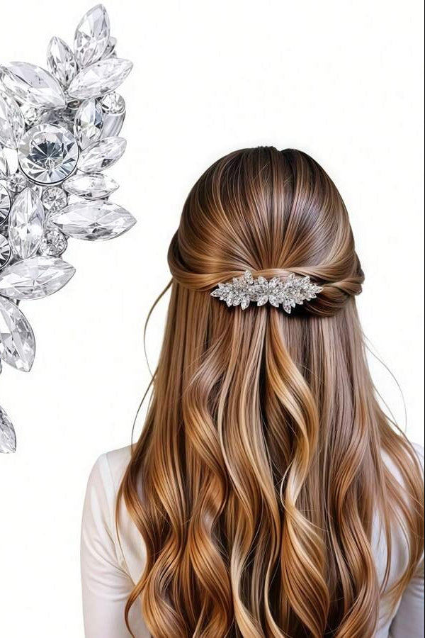 Crystal Leaf Rhinestone Silver Bridal Hair Barrette Wedding Hair Clip
