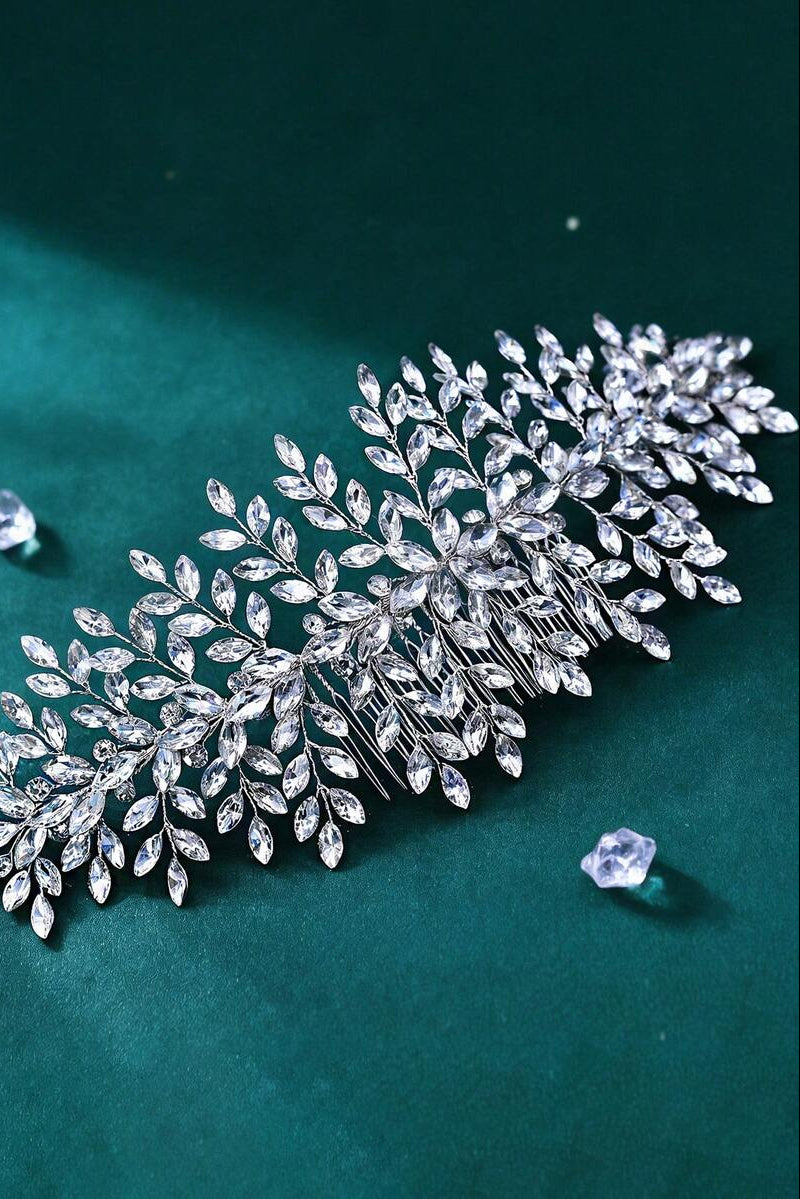 Large Crystal Leaf Vine Bridal Hair Comb Silver Rhinestone Wedding Hair Comb