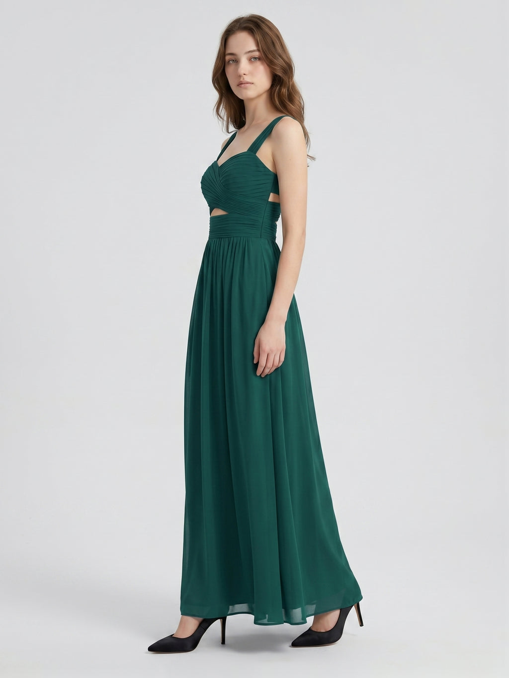 Peacock Chiffon A-Line Sweetheart Back Zip Floor-Length Pleated Bridesmaid Dress