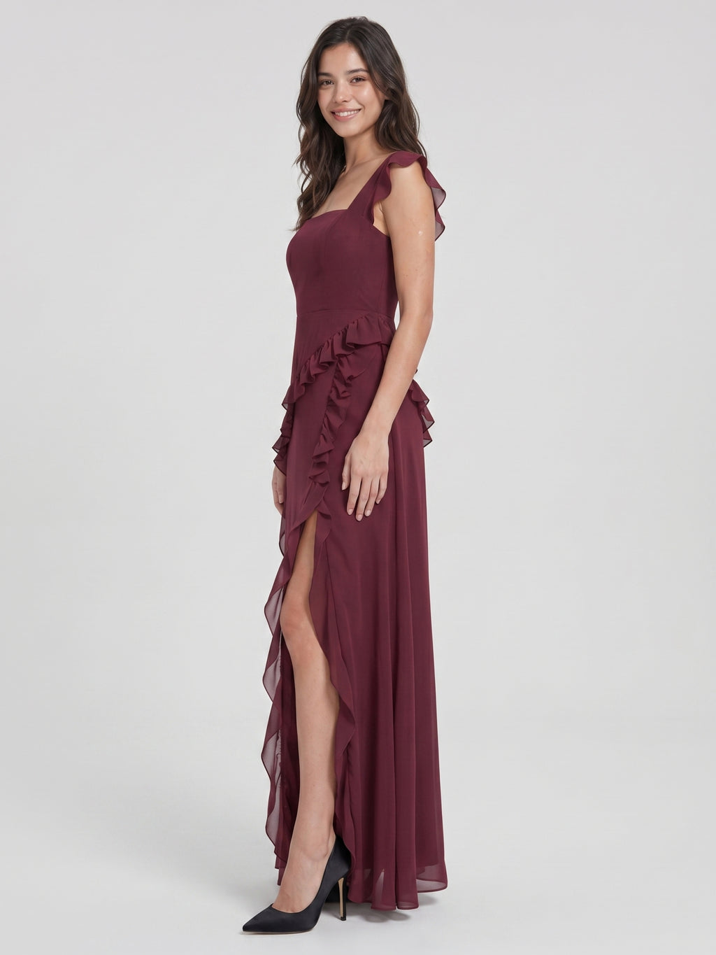 Elegant Cabernet Chiffon A-Line Square Neck Back Zip Ruffle Ankle-Length Bridesmaid Dress