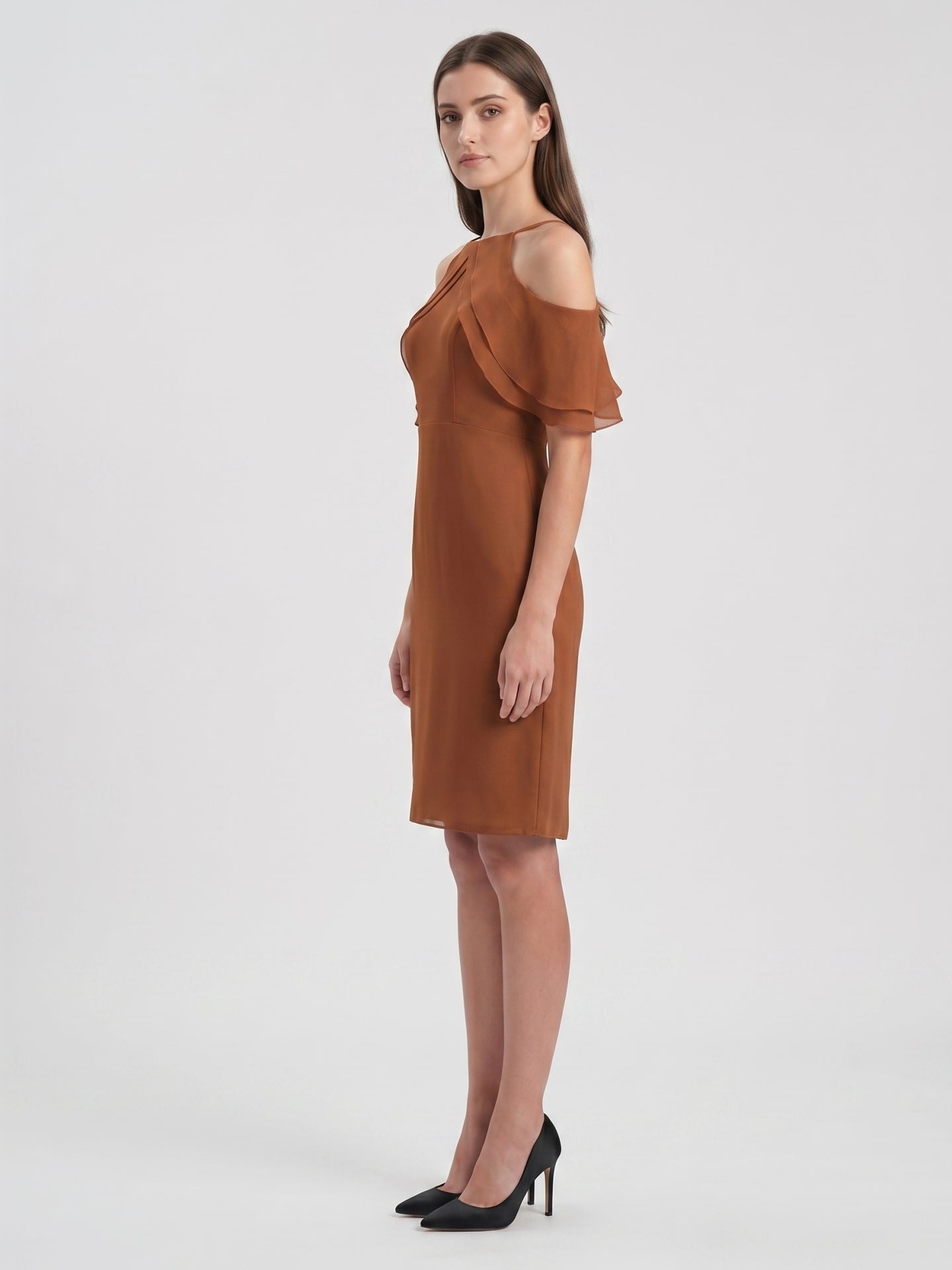Terracotta Chiffon Sheath Off-the-Shoulder Back Zip Knee-Length Ruffle Bridesmaid Dress
