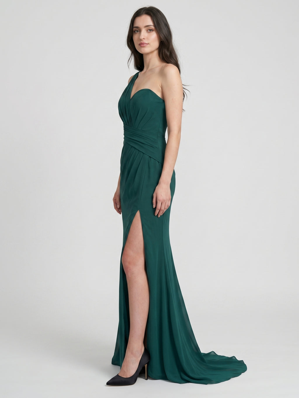 Peacock Chiffon Sheath One Shoulder Back Zip Floor-Length Pleated Bridesmaid Dress