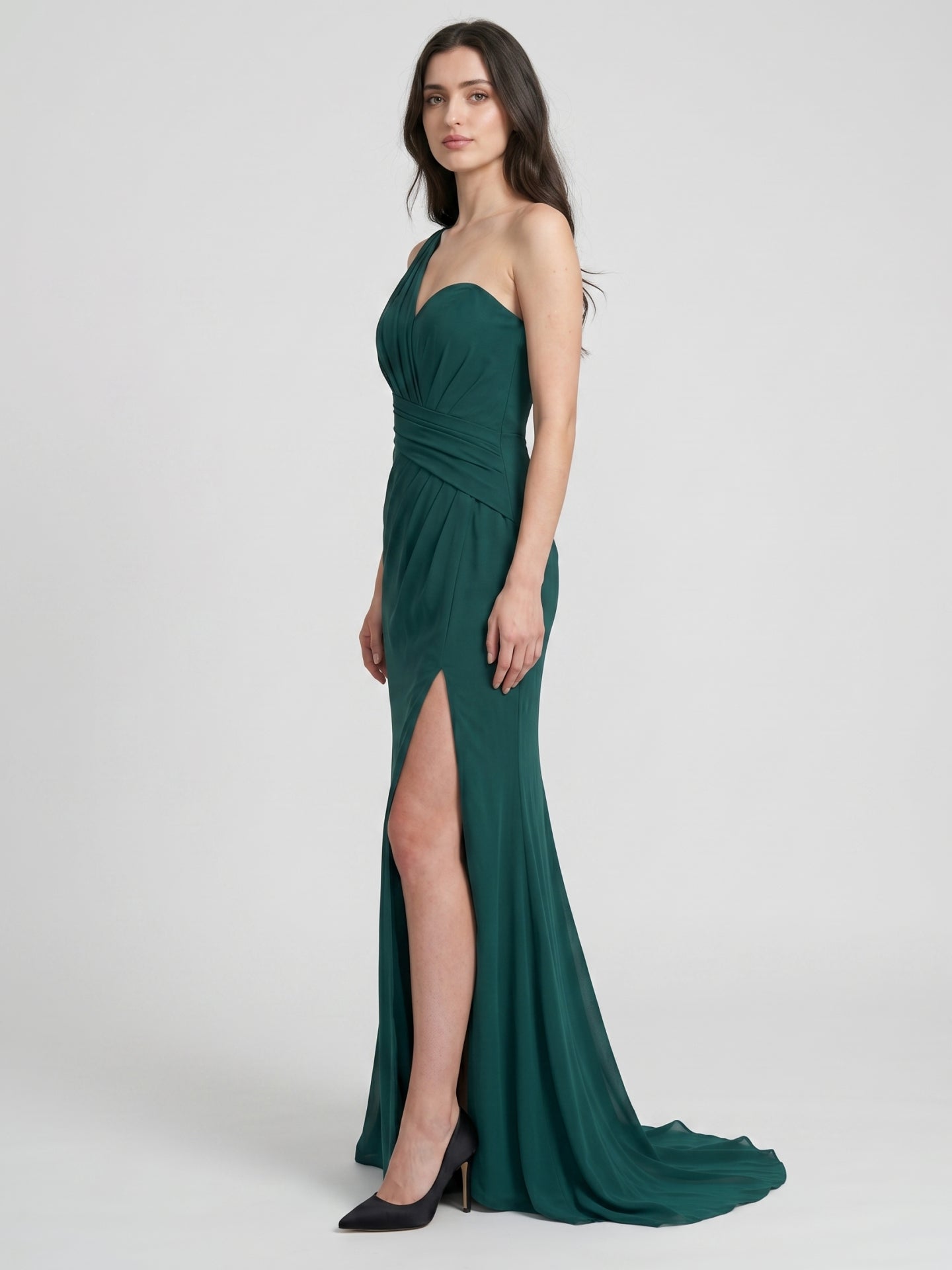 Peacock Chiffon Sheath One Shoulder Back Zip Floor-Length Pleated Bridesmaid Dress