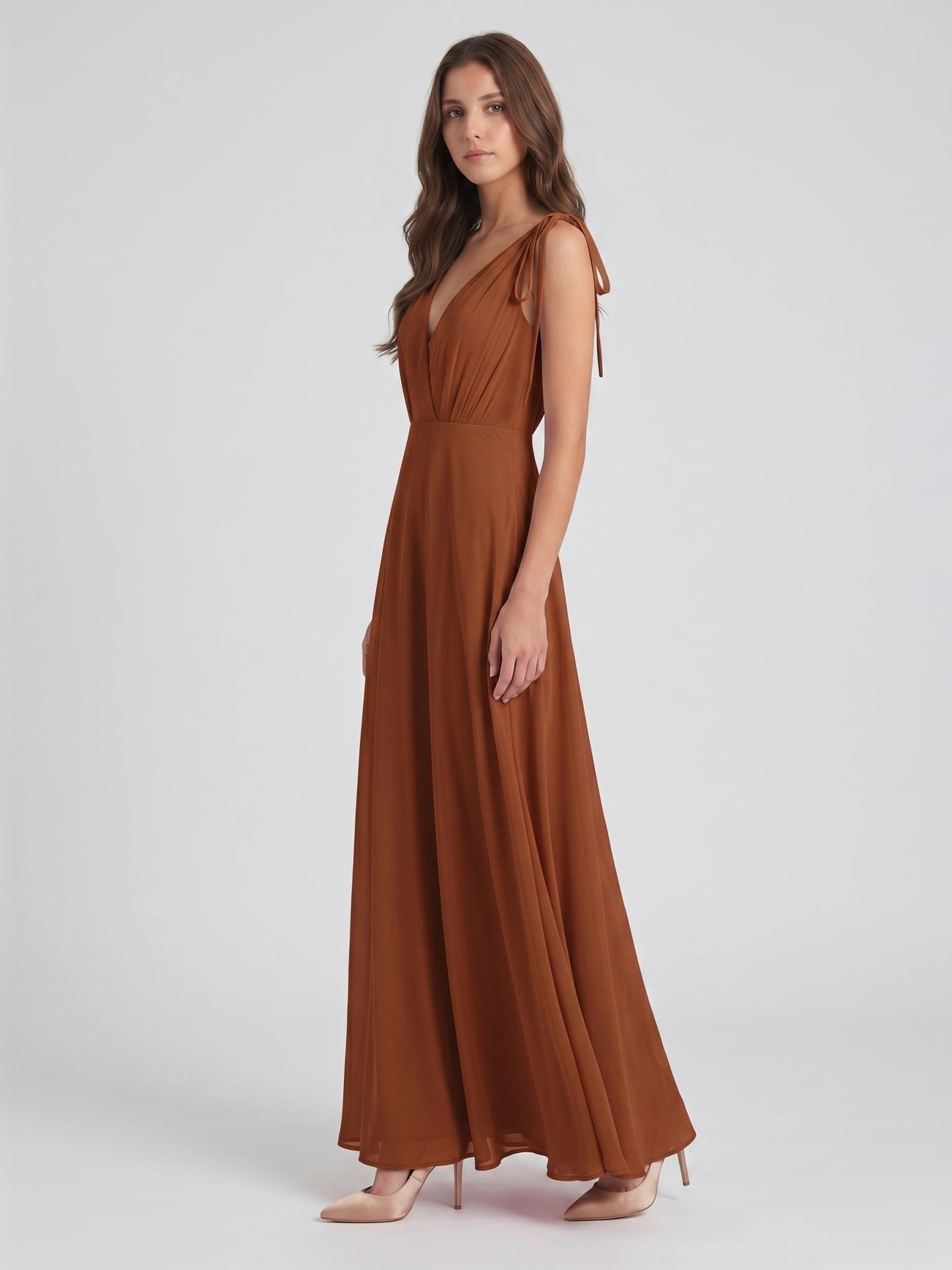 Terracotta Chiffon A-Line V-Neck Backless Floor-Length Bridesmaid Dress with Bow