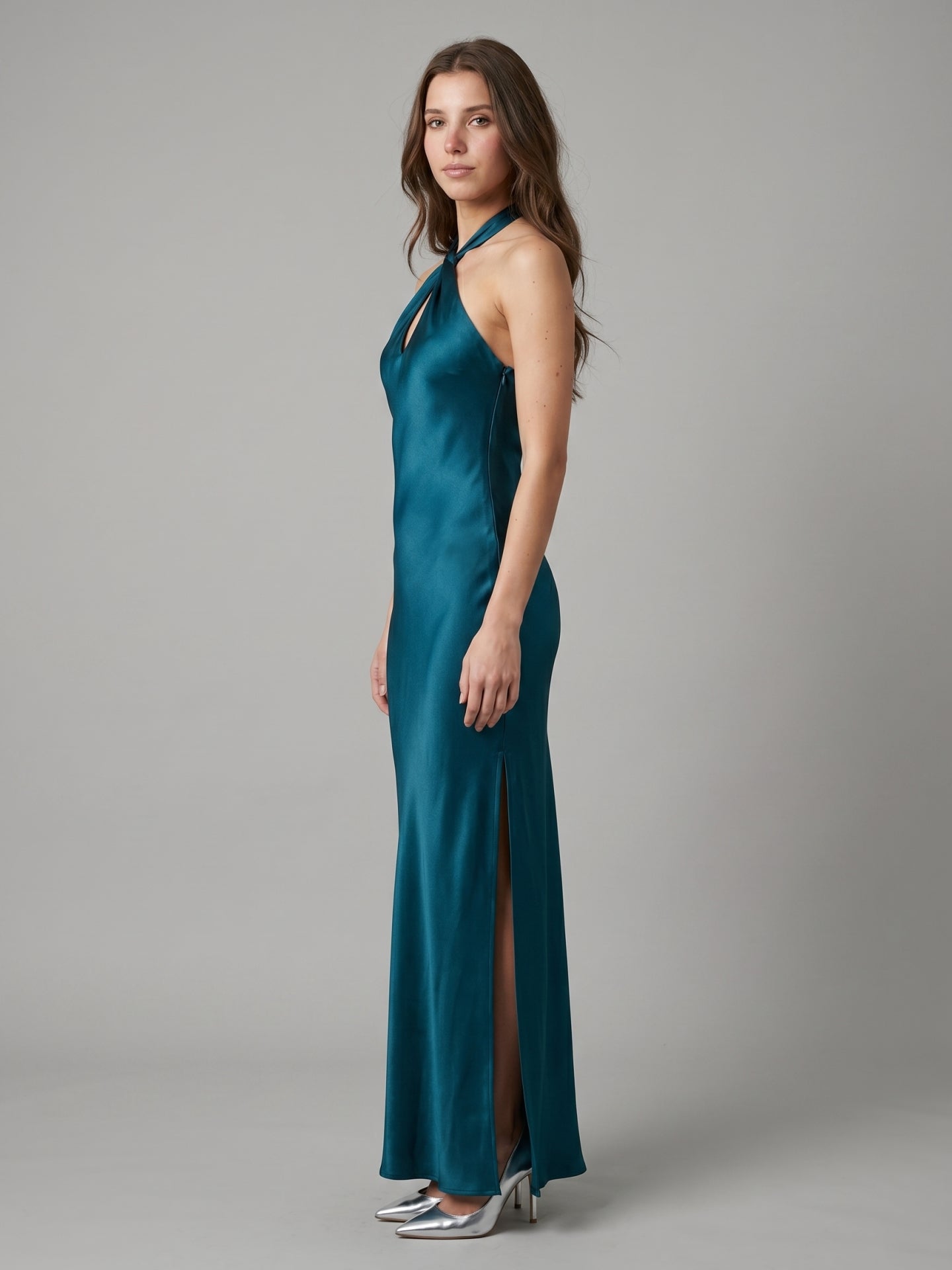 Teal Satin Column Halter Backless Floor-Length Bridesmaid Dress with Bow