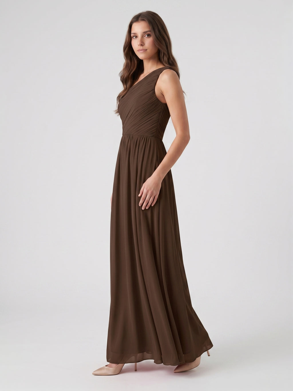 Mocha Chiffon A-Line One Shoulder Back Zip Floor-Length Pleated Bridesmaid Dress