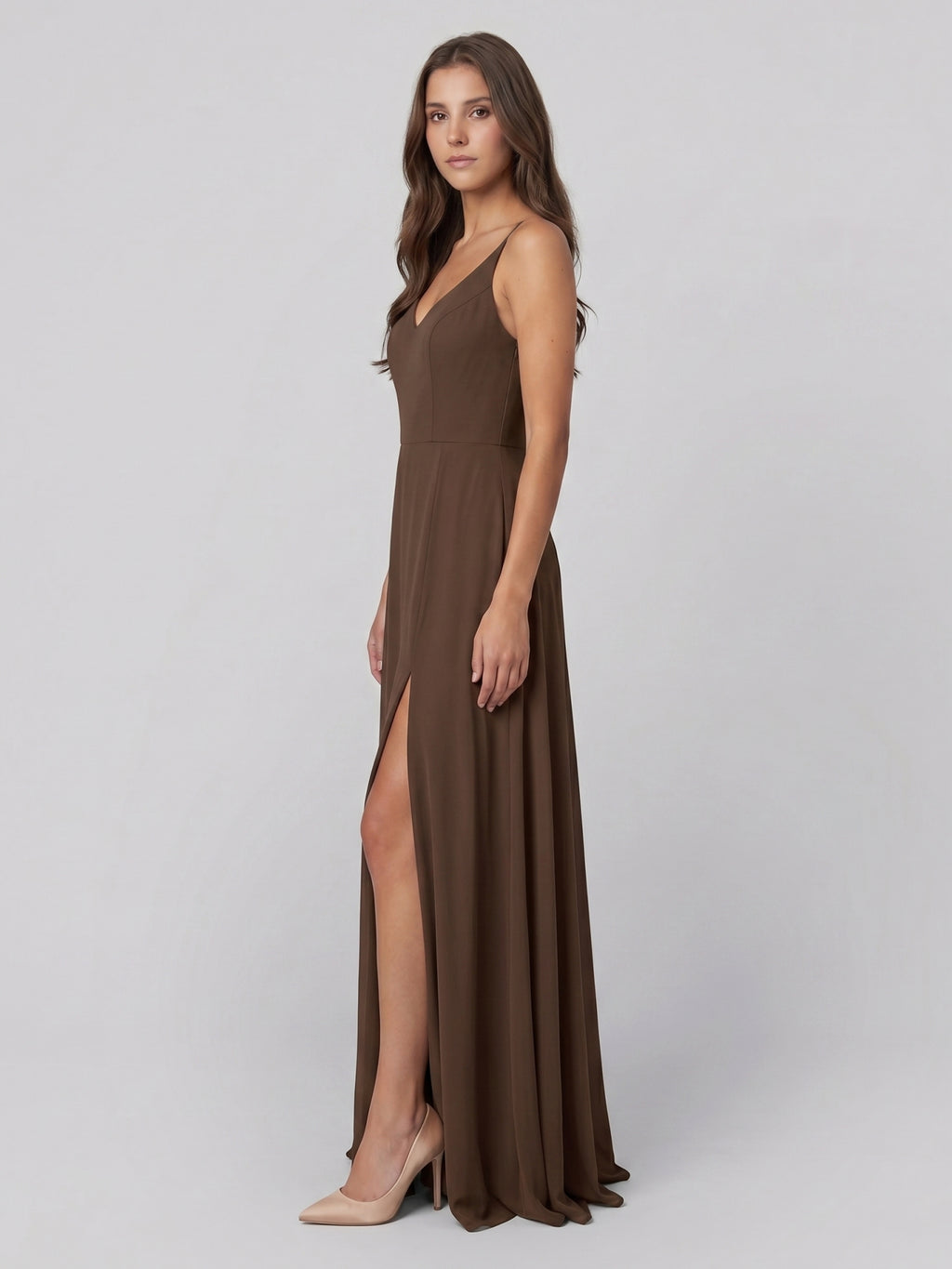 Mocha Chiffon A-Line V-Neck V-Back Floor-Length Bridesmaid Dress