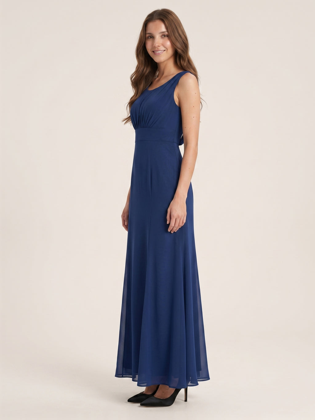 Simple Navy Blue Chiffon A-Line Scoop Neck V-Back with Bow Accent Ankle-Length Bridesmaid Dress