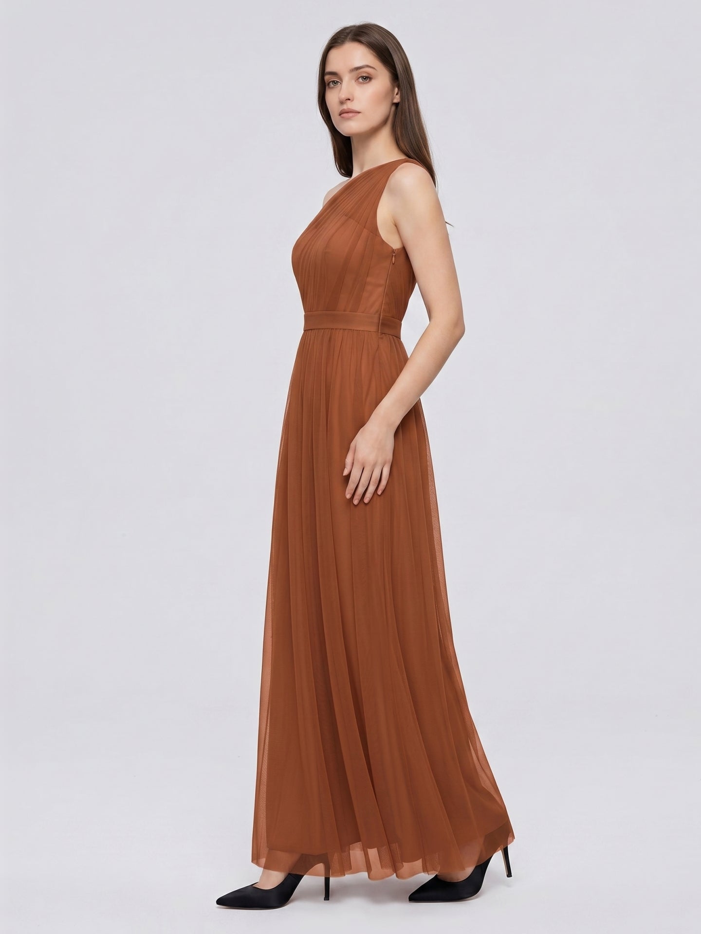 Terracotta Tulle A-Line One Shoulder Back Zip Floor-Length Bridesmaid Dress