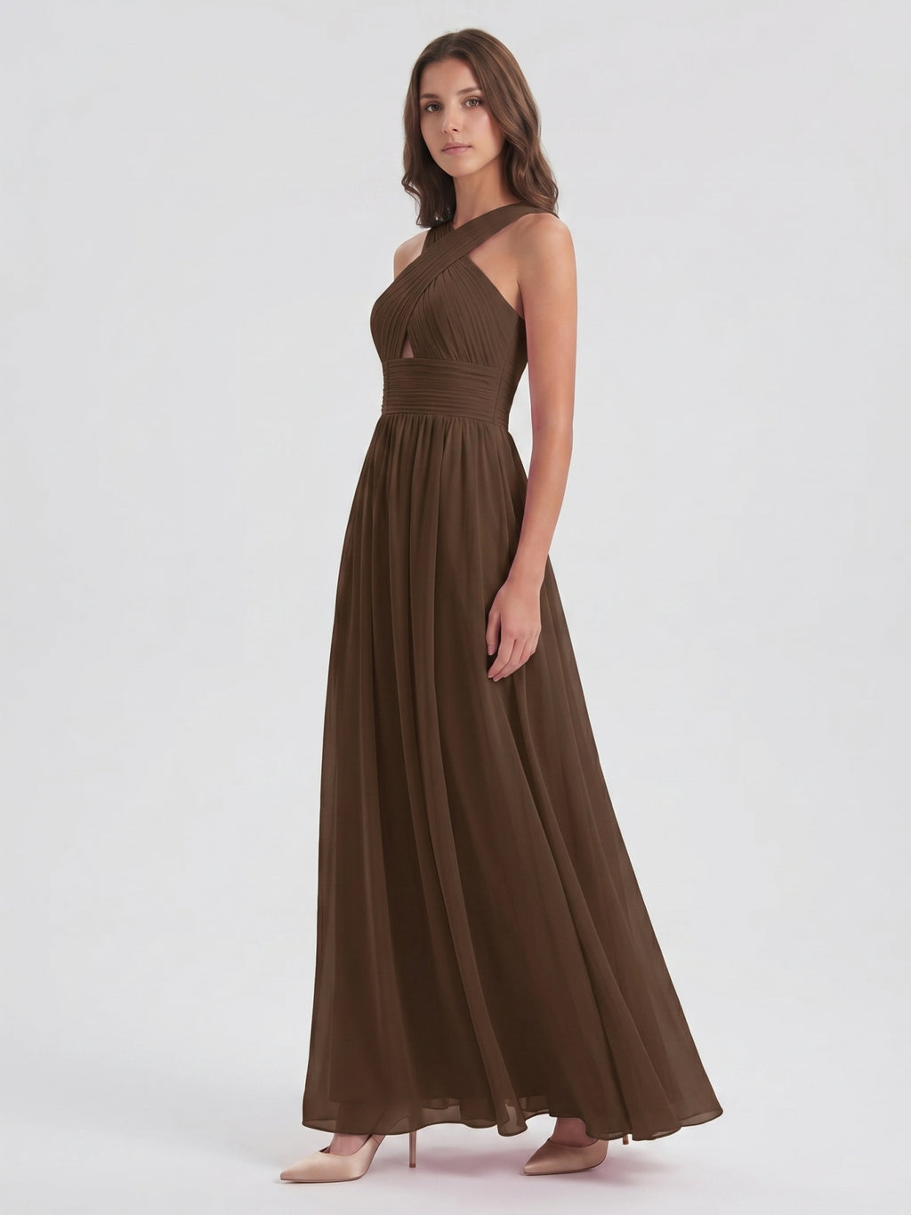 Mocha Chiffon A-Line Halter Backless Floor-Length Bridesmaid Dress