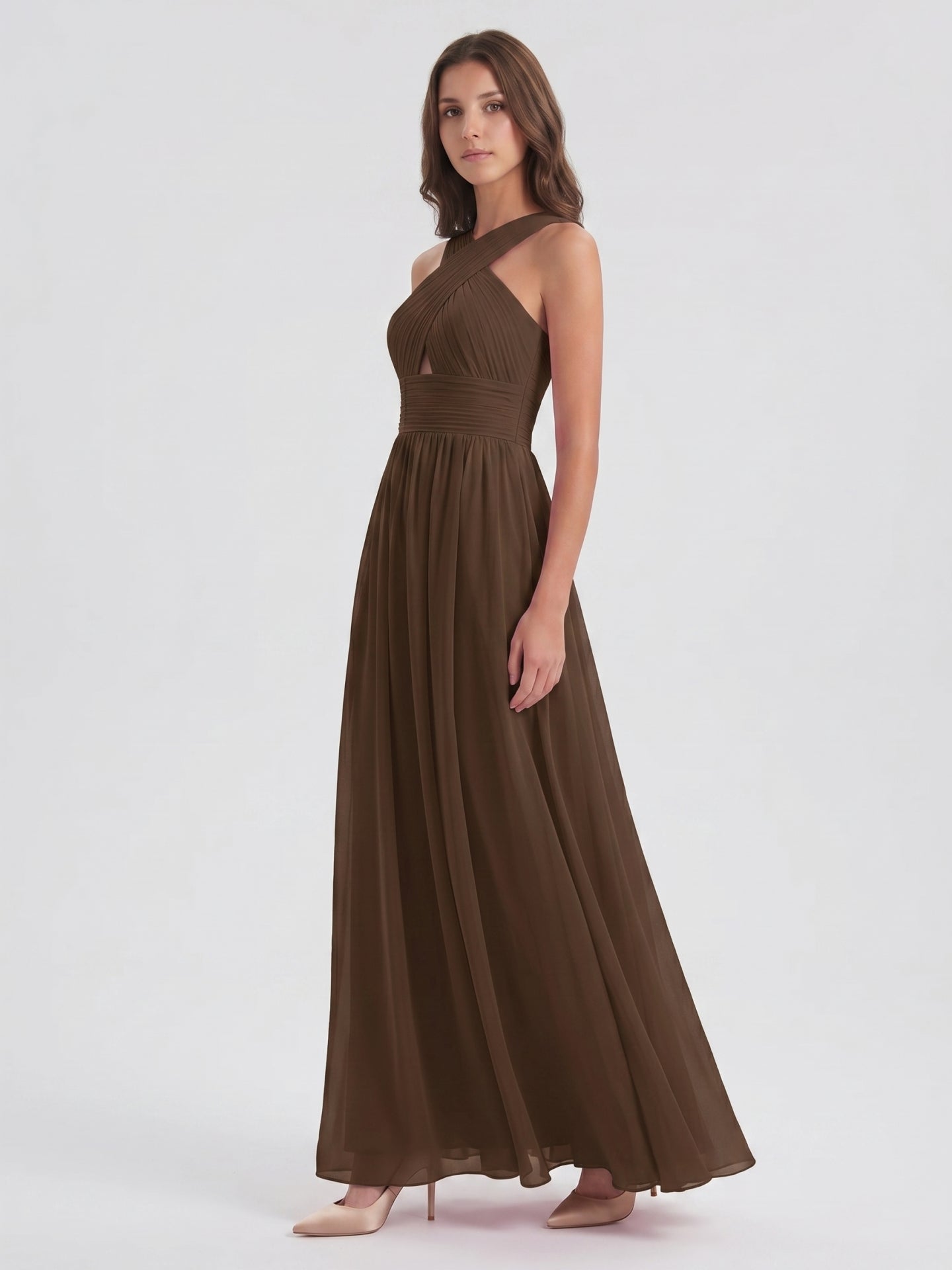 Mocha Chiffon A-Line Halter Backless Floor-Length Bridesmaid Dress
