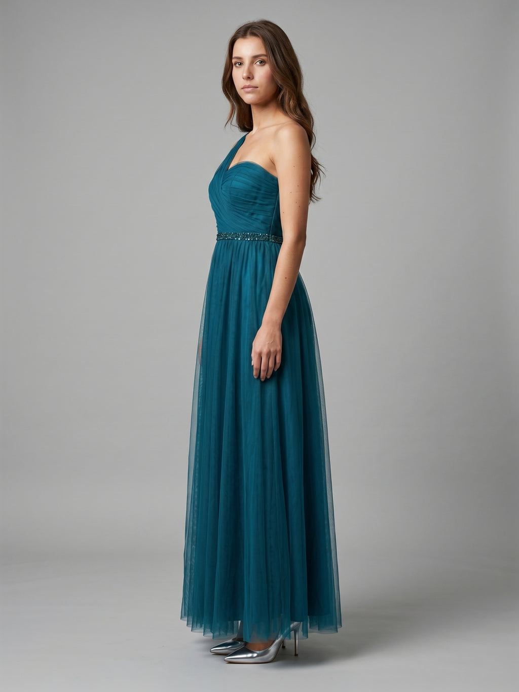 Teal Tulle A-Line One Shoulder Back Zip Floor-Length Pleated Bridesmaid Dress