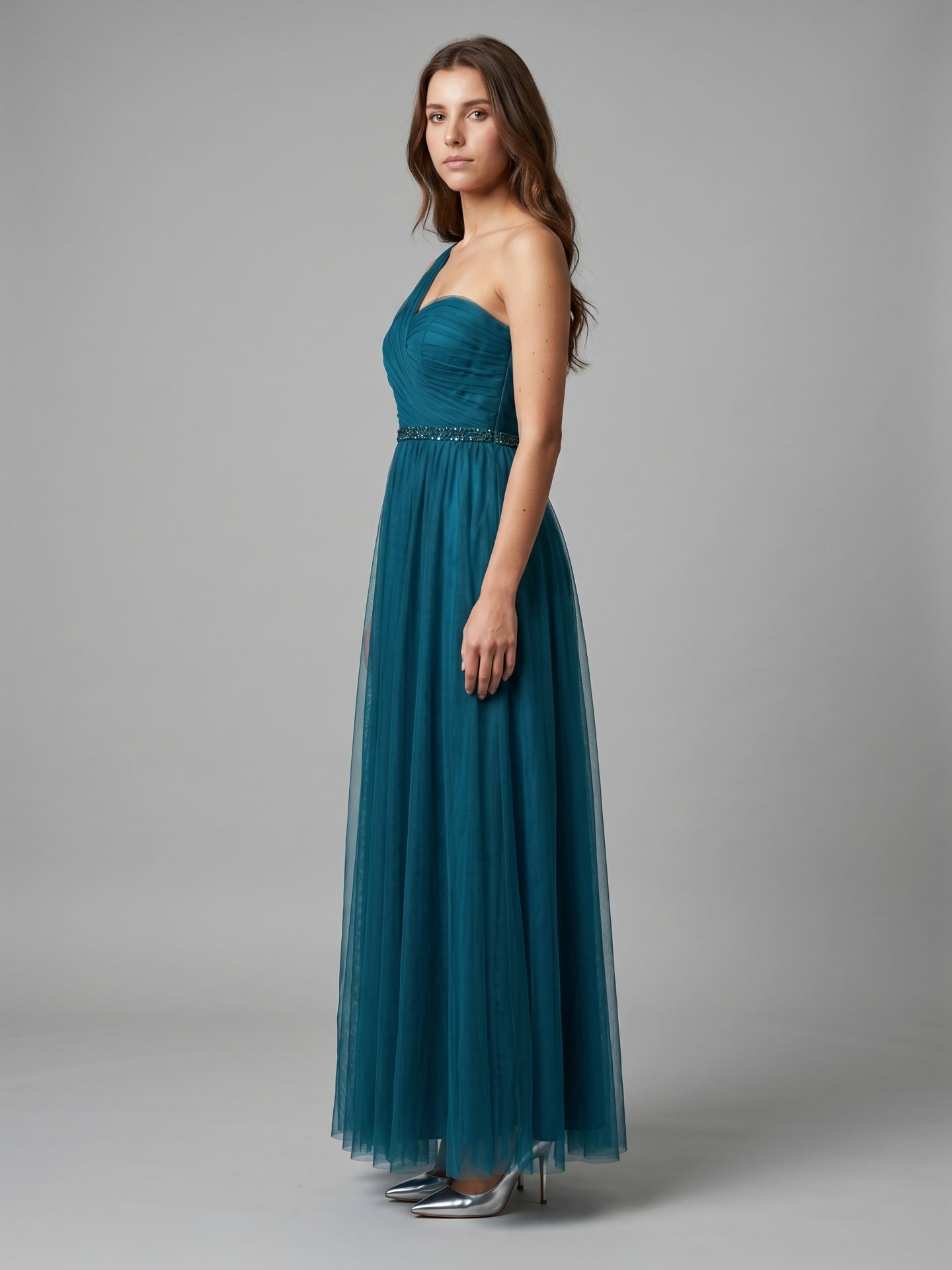 Teal Tulle A-Line One Shoulder Back Zip Floor-Length Pleated Bridesmaid Dress