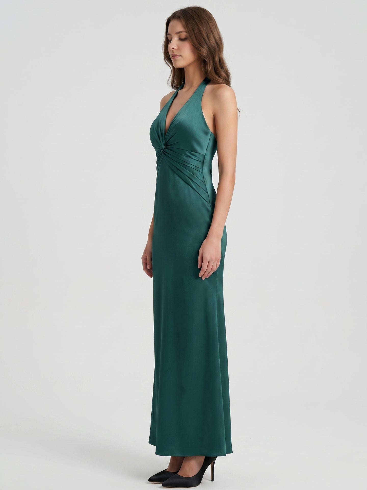 Peacock Satin Sheath Halter Backless Floor-Length Bridesmaid Dress