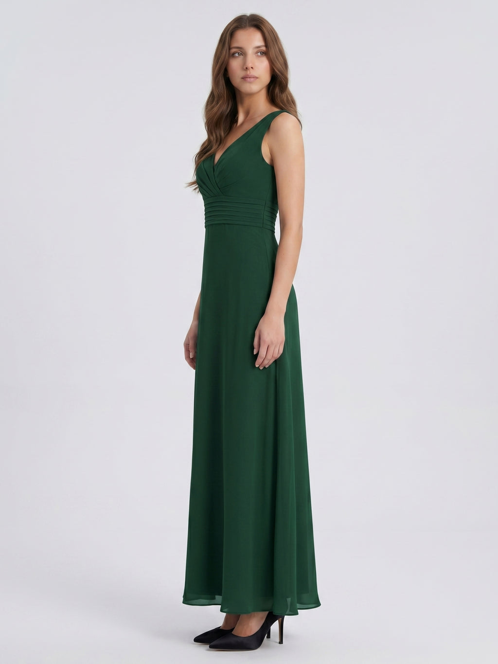 Forest Green Chiffon A-Line V-Neck Keyhole Back Floor-Length Pleated Bridesmaid Dress