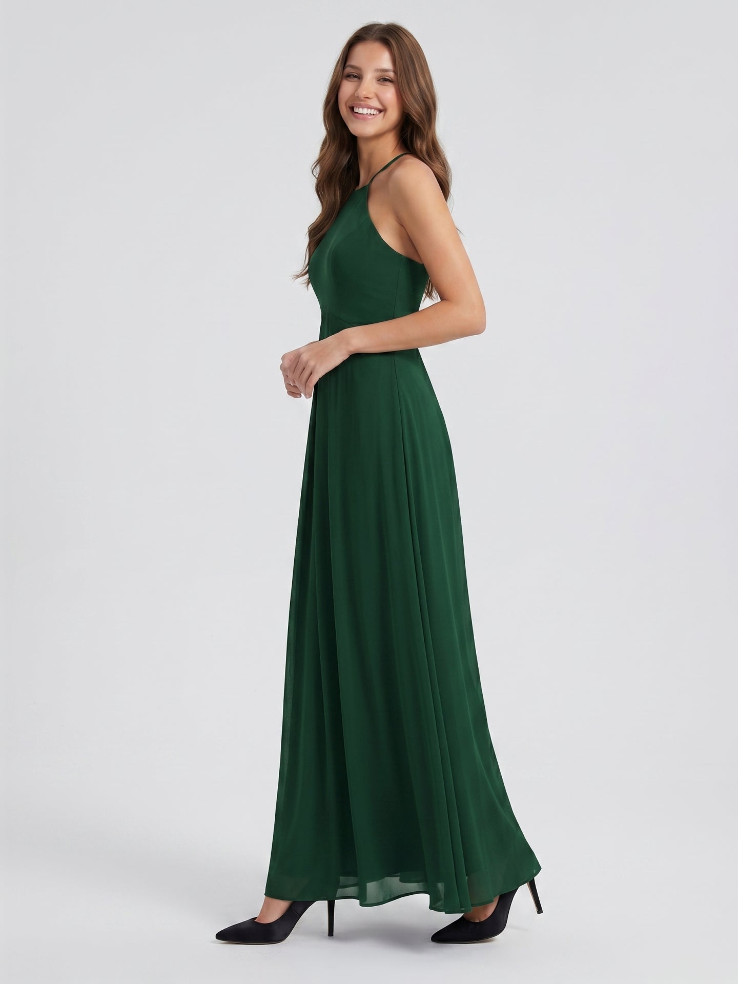 Forest Green Chiffon A-Line Halter Back Zip Floor-Length Ruffle Bridesmaid Dress