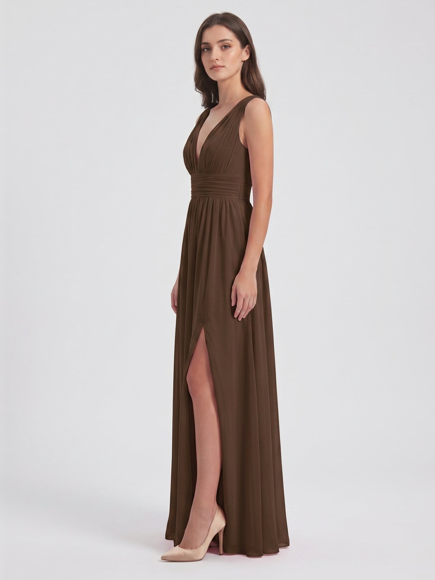 Mocha Chiffon A-Line V-Neck V-Back Ankle-Length Pleated Bridesmaid Dress