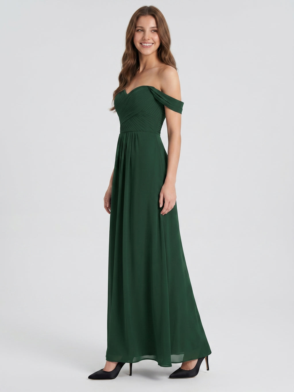 Forest Green Chiffon A-Line Off-the-Shoulder Backless Floor-Length Pleated Dress
