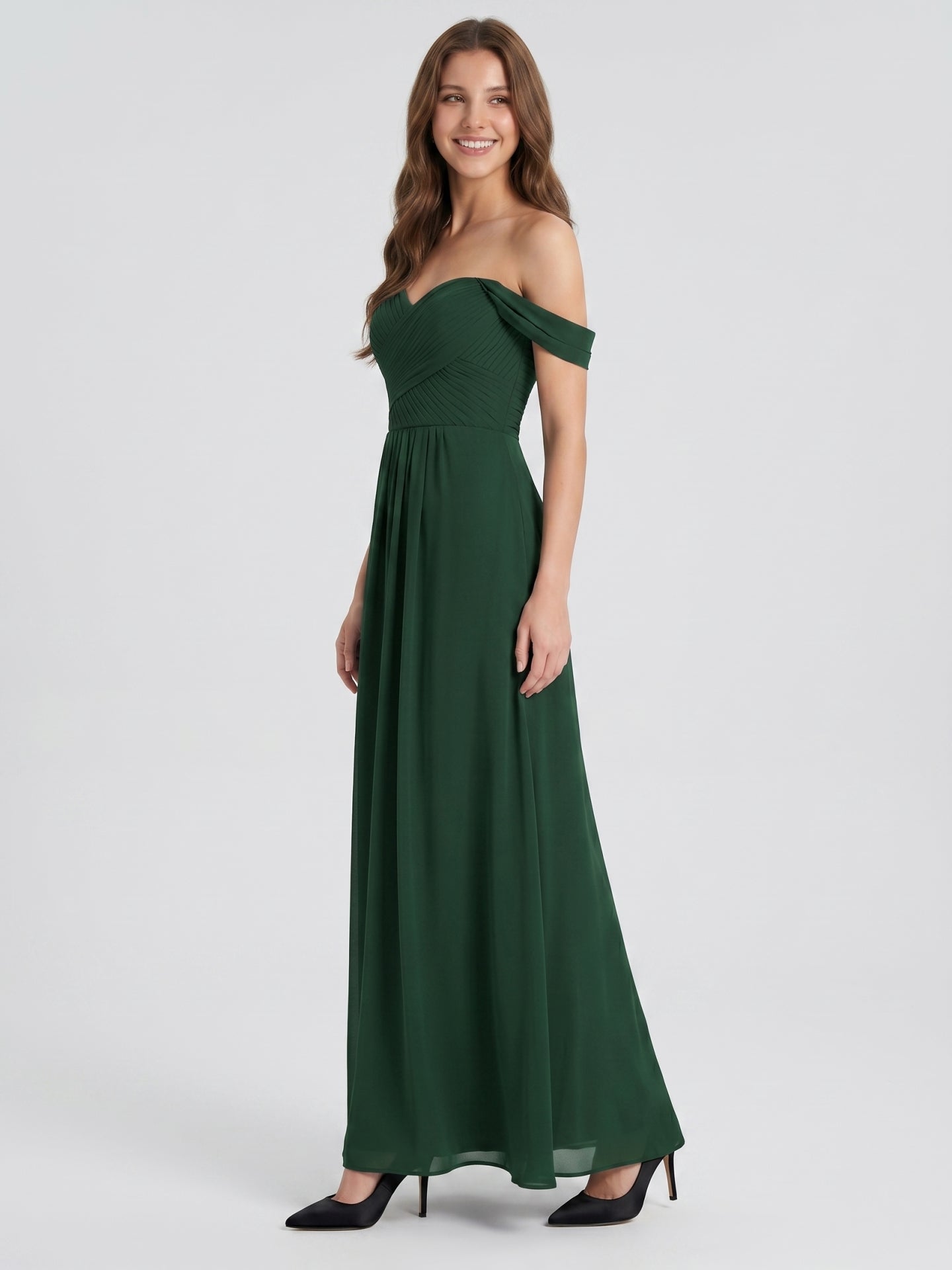 Forest Green Chiffon A-Line Off-the-Shoulder Backless Floor-Length Pleated Dress