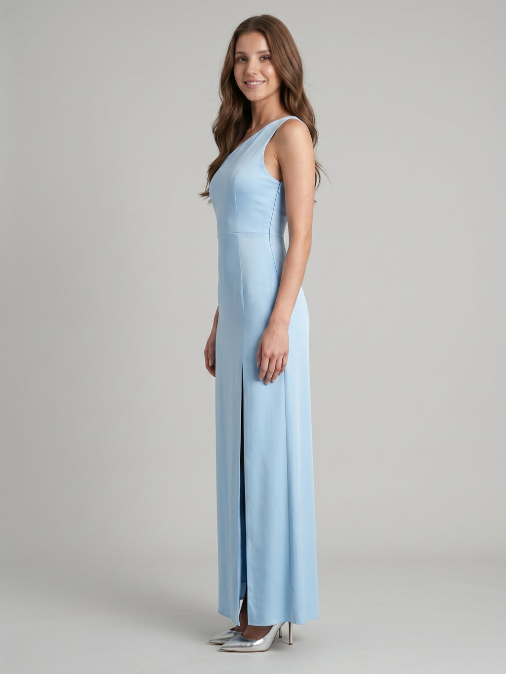 Fluid Sky Blue Matte Satin Trumpet One Shoulder Back Zip Ankle-Length Bridesmaid Dress