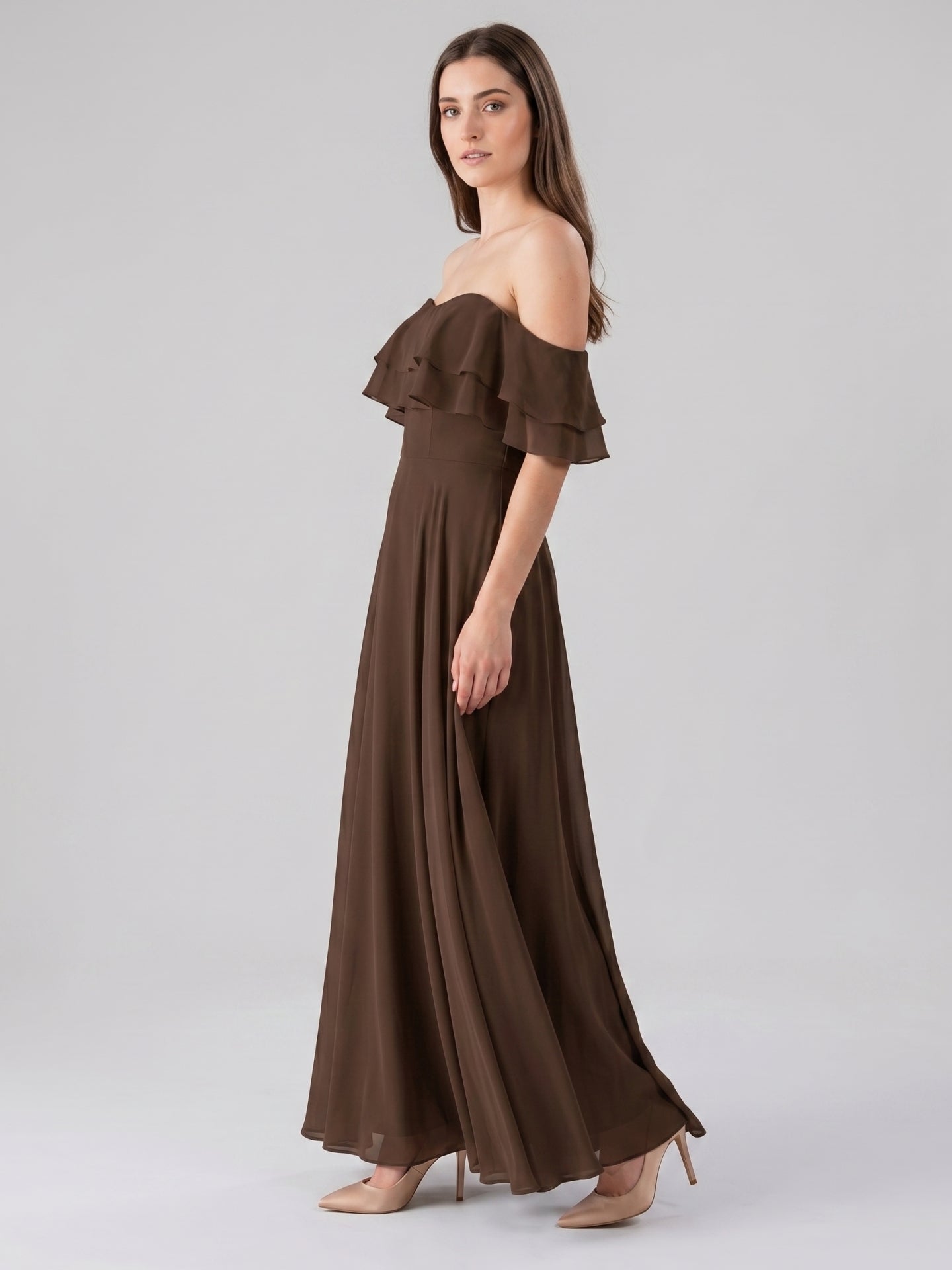 Mocha Chiffon A-Line Off-the-Shoulder Backless Floor-Length Ruffle Bridesmaid Dress