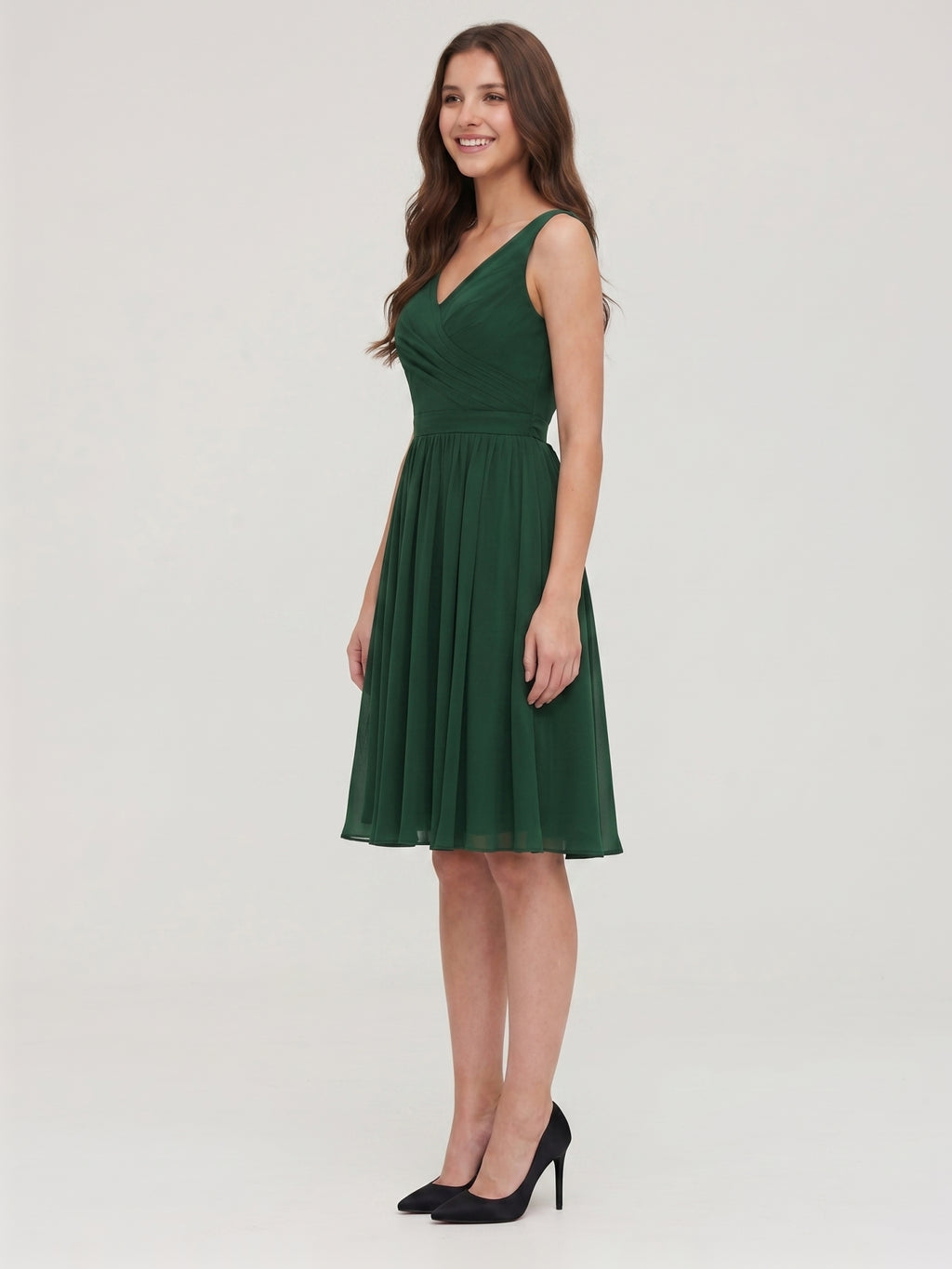 Forest Green Chiffon A-Line V-Neck V-Back Knee-Length Pleated Bridesmaid Dress