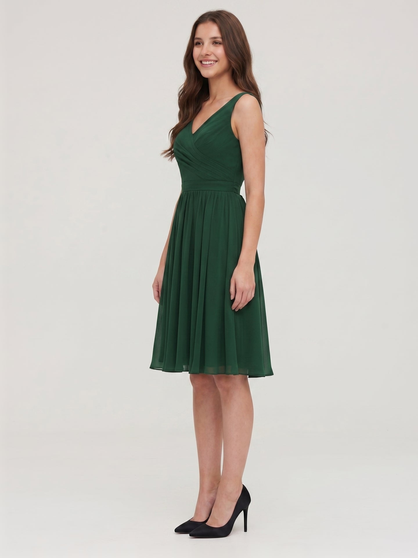 Forest Green Chiffon A-Line V-Neck V-Back Knee-Length Pleated Bridesmaid Dress
