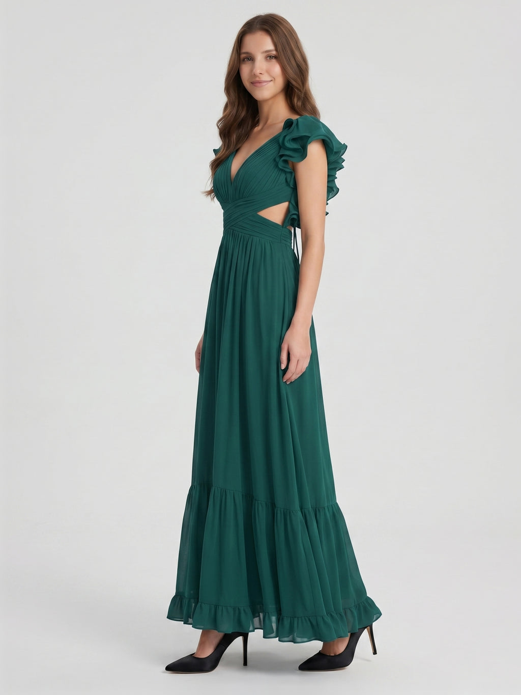 Peacock Chiffon A-Line V-Neck Criss-Cross Back Floor-Length Ruffle Bridesmaid Dress