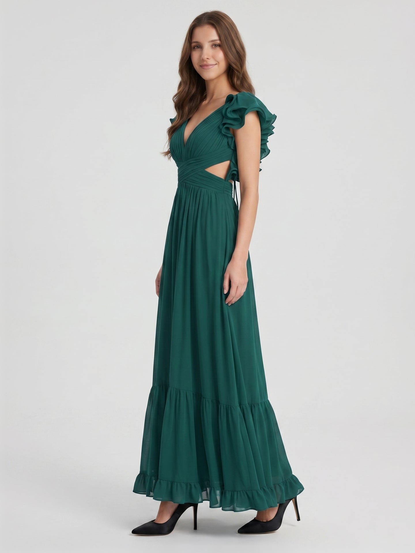 Peacock Chiffon A-Line V-Neck Criss-Cross Back Floor-Length Ruffle Bridesmaid Dress