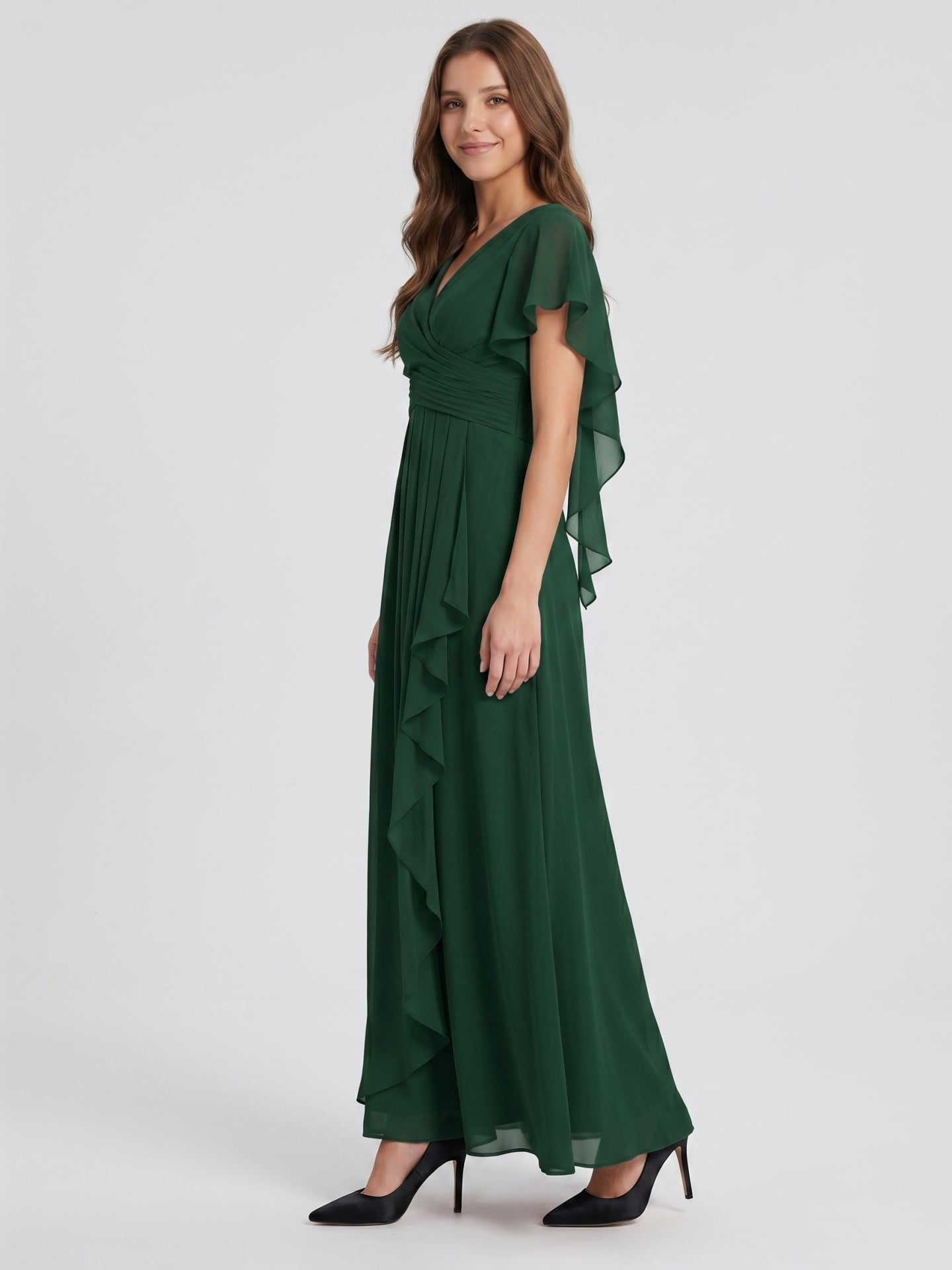 Forest Green Chiffon A-Line V-Neck Backless Floor-Length Ruffle Bridesmaid Dress