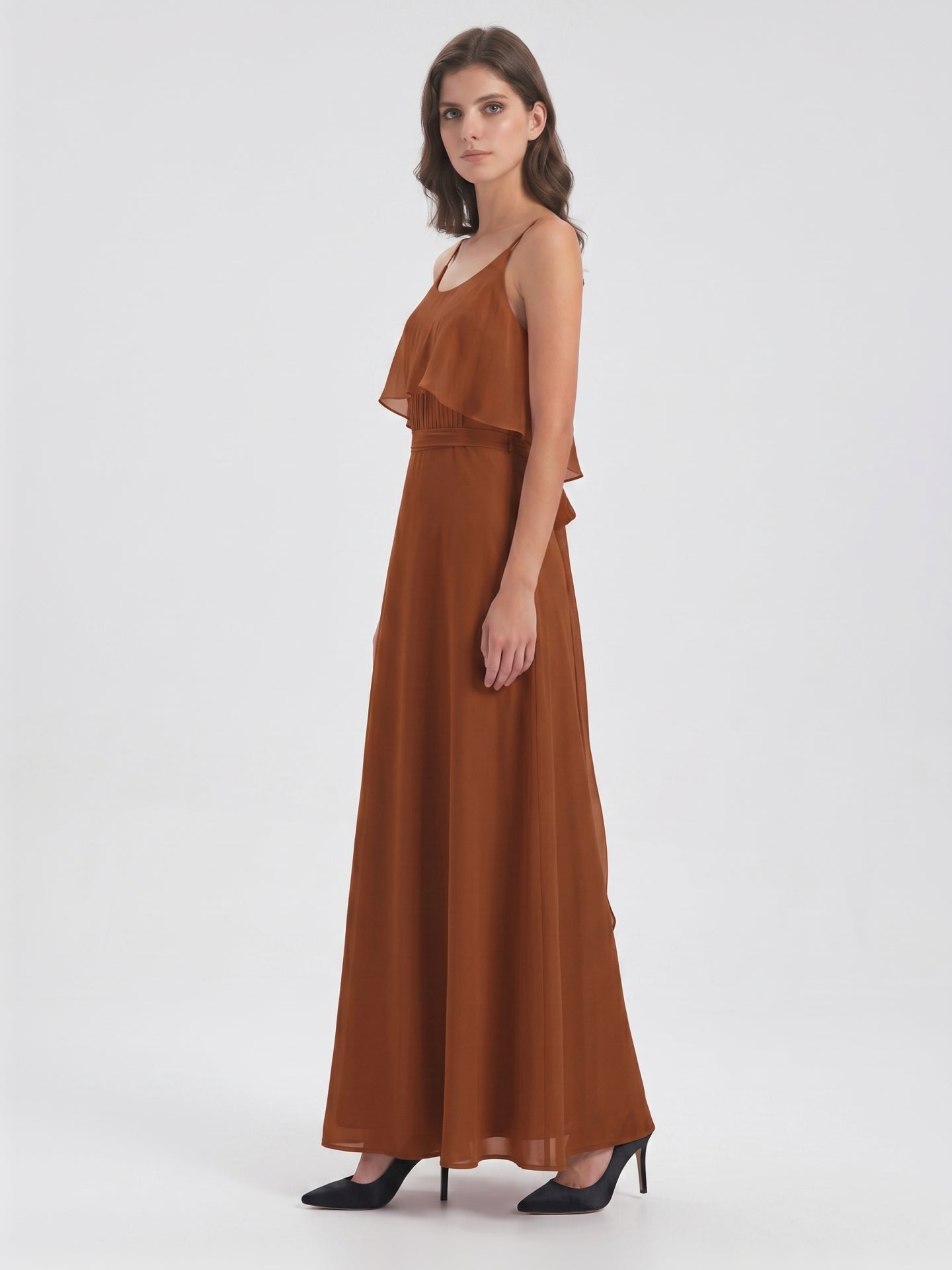 Terracotta Chiffon Sheath Scoop Neck Backless Floor-Length Bridesmaid Dress with Bow