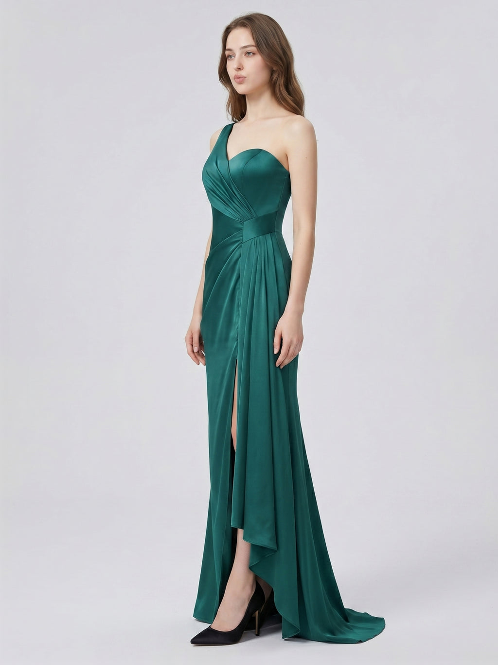 Peacock Satin Sheath One Shoulder Backless Floor-Length Pleated Bridesmaid Dress