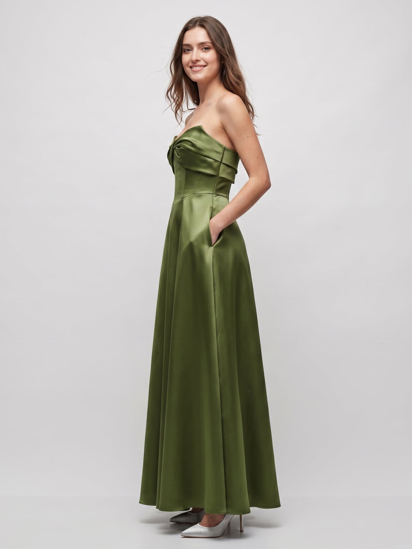 Olive Green Satin A-Line Off-the-Shoulder Back Zip Floor-Length Bridesmaid Dress with Pockets