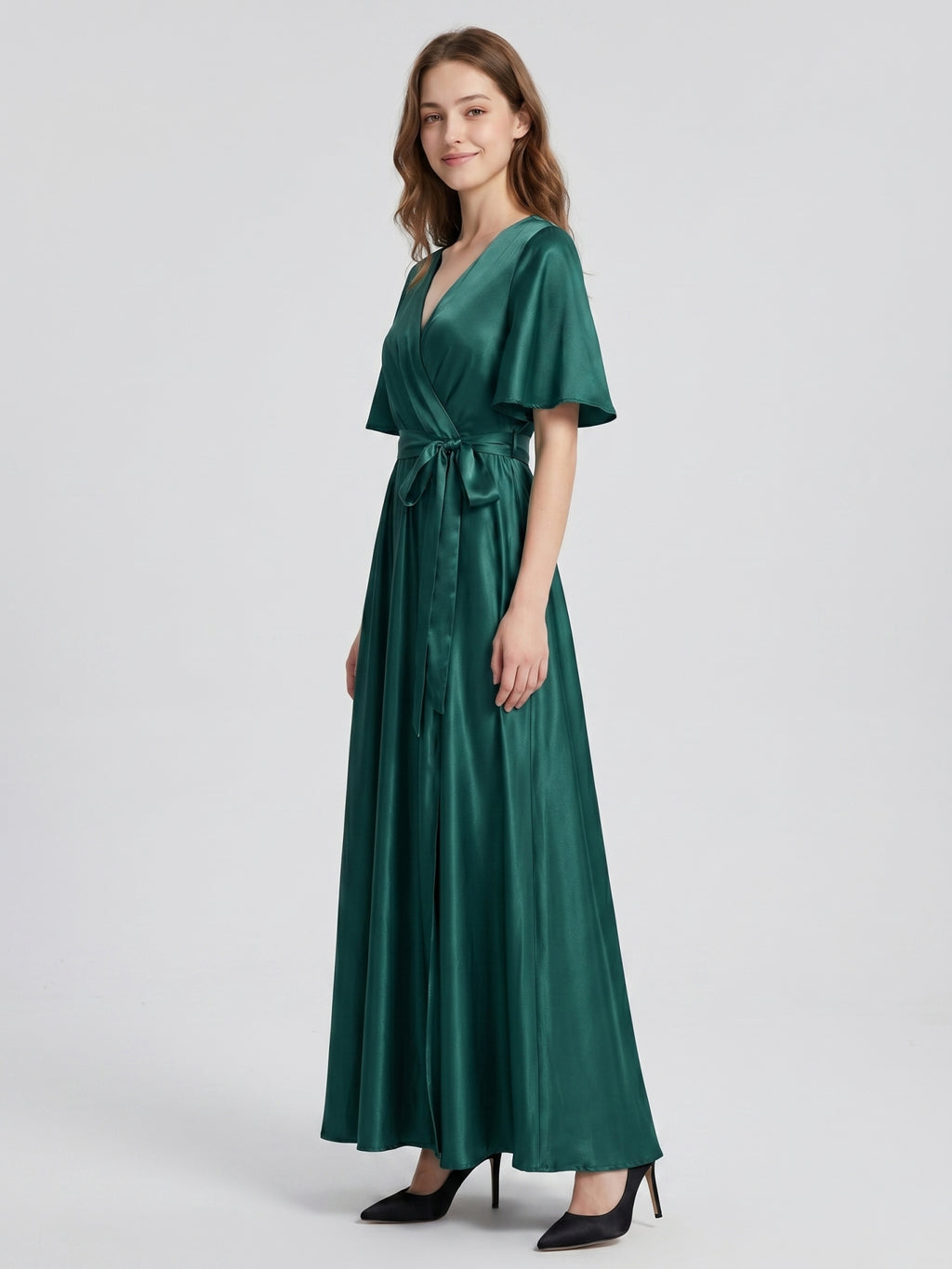 Peacock Satin A-Line V-Neck Side Zip Floor-Length Bridesmaid Dress with Bow