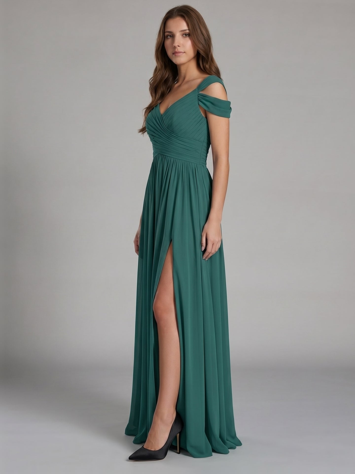 Peacock Chiffon A-Line V-Neck V-Back Floor-Length Pleated Bridesmaid Dress