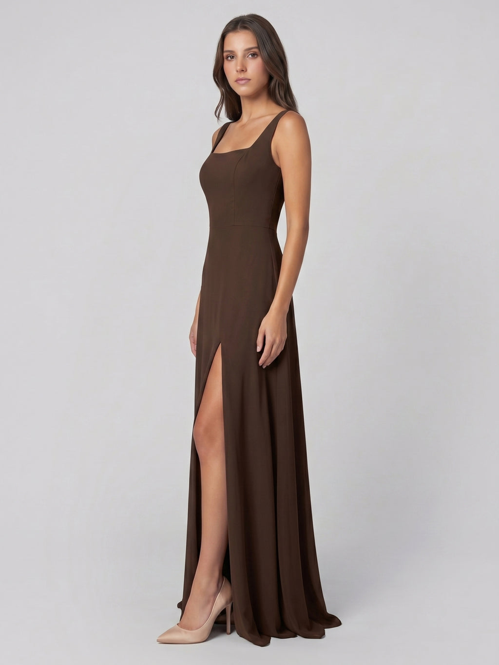 Mocha Chiffon A-Line Square Neck Backless Floor-Length Bridesmaid Dress