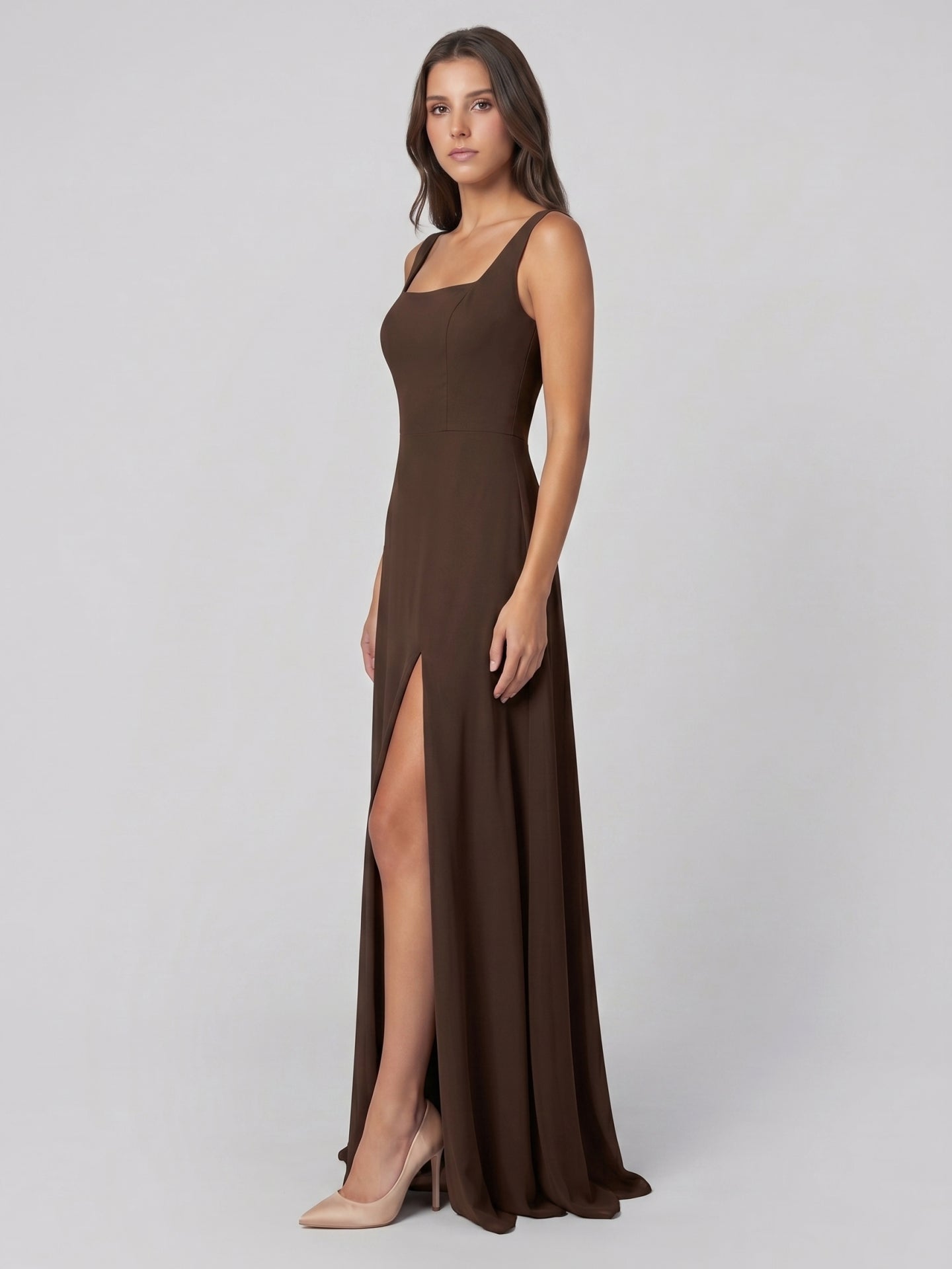 Mocha Chiffon A-Line Square Neck Backless Floor-Length Bridesmaid Dress