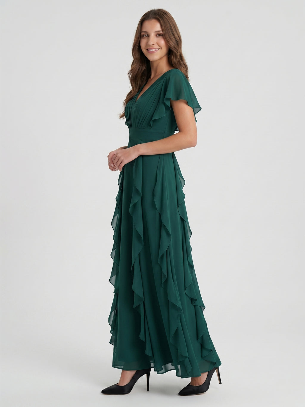 Peacock Chiffon A-Line V-Neck V-Back Floor-Length Ruffle Bridesmaid Dress