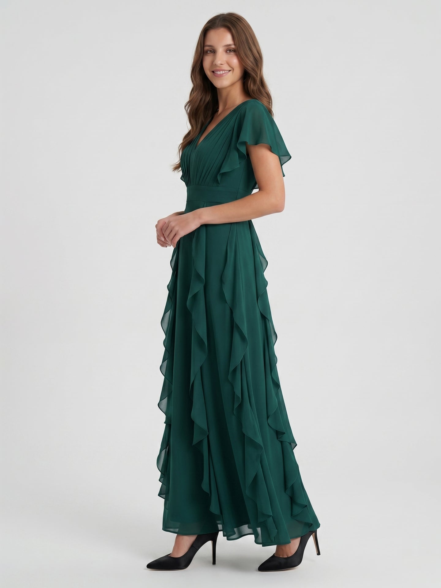 Peacock Chiffon A-Line V-Neck V-Back Floor-Length Ruffle Bridesmaid Dress