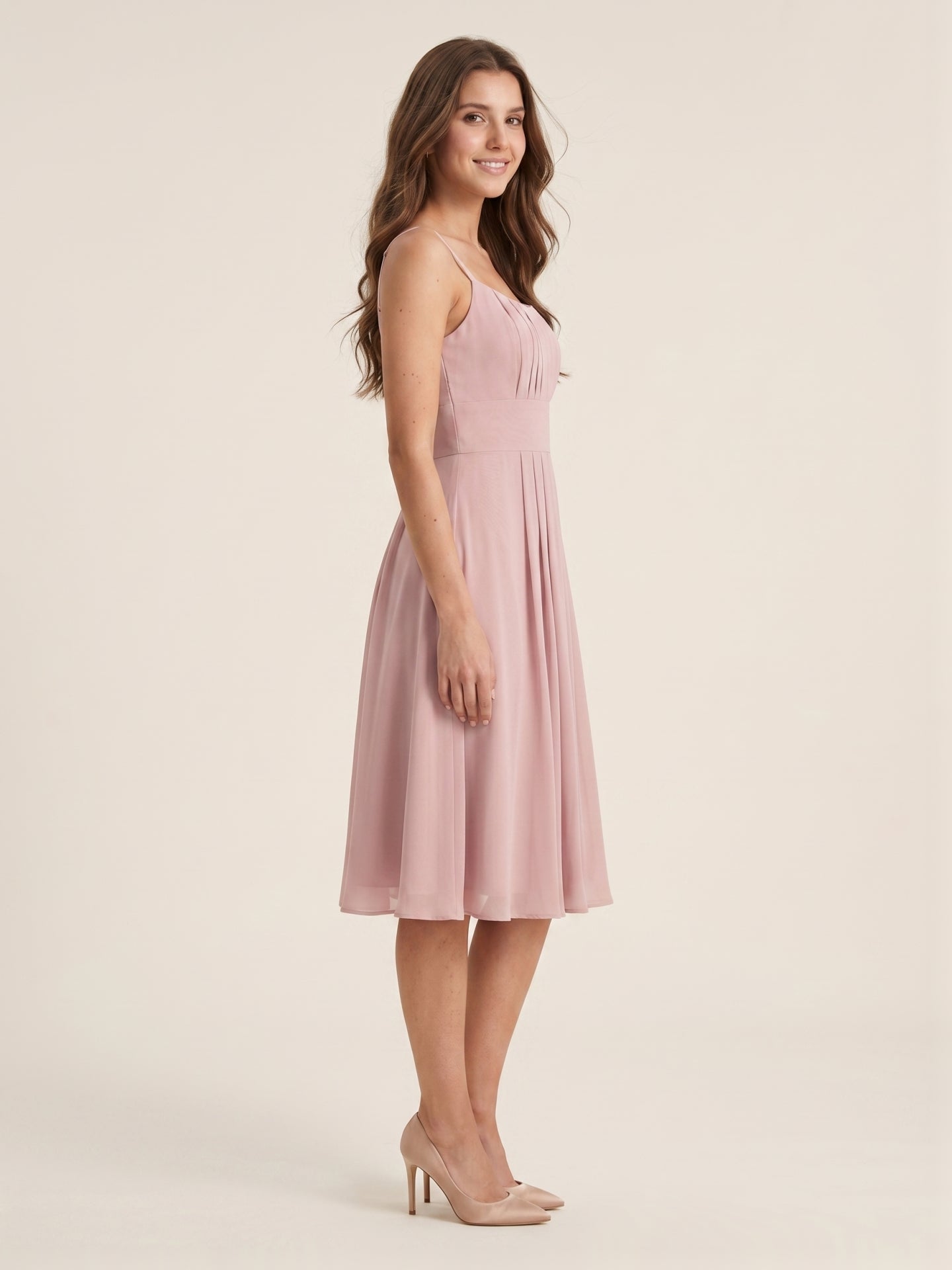 Coquette Dusty Rose Chiffon A-Line Straight Neck Back Zip with nan Knee-Length  Bridesmaid Dress