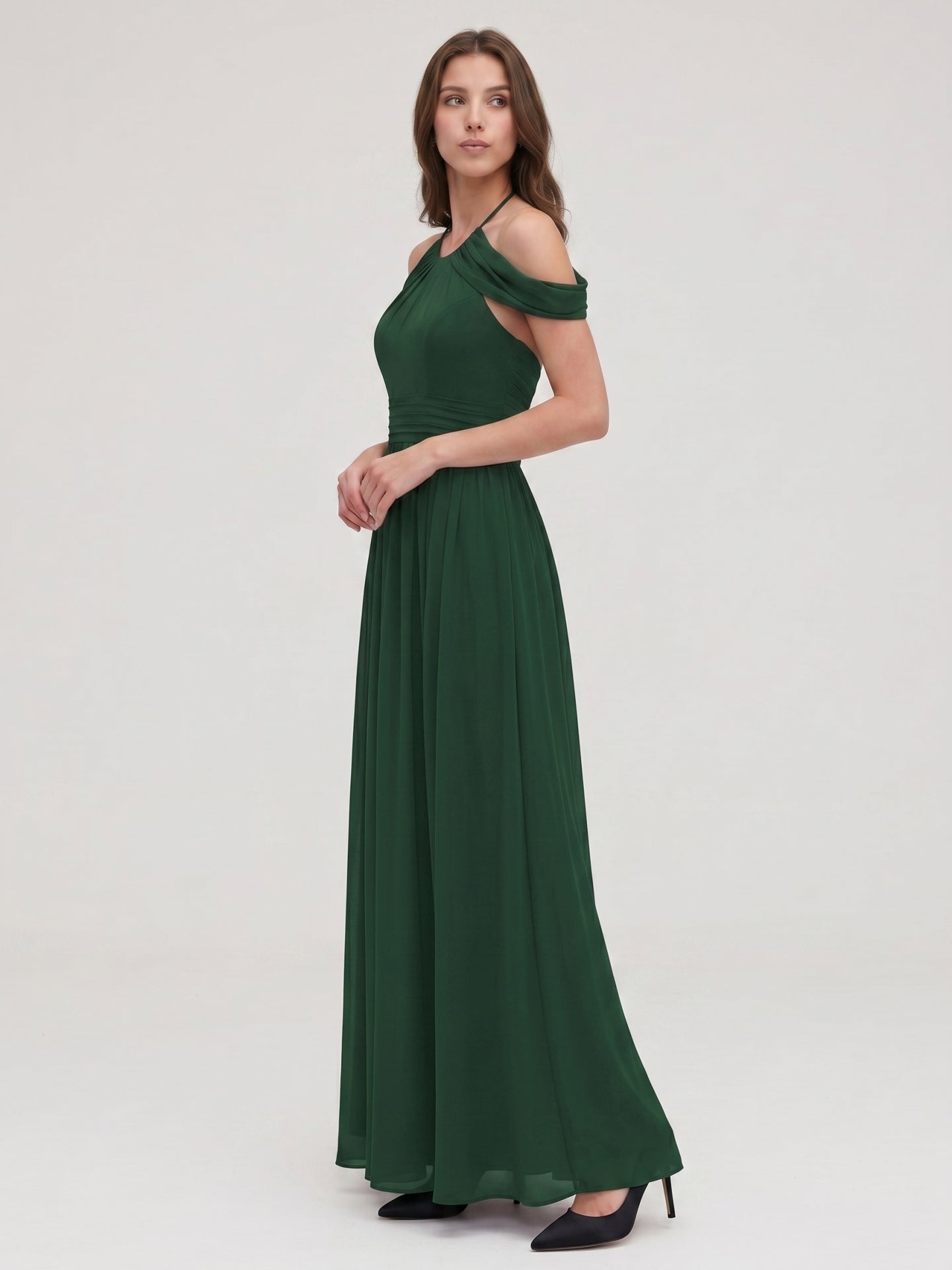 Forest Green Chiffon A-Line Scoop Neck Backless Floor-Length Pleated Bridesmaid Dress