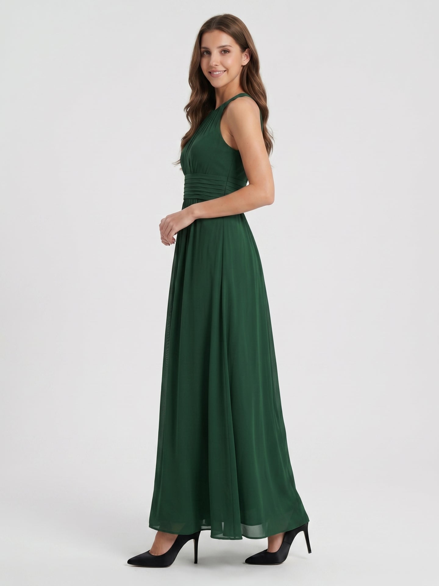 Forest Green Chiffon A-Line Halter Back Zip Floor-Length Pleated Bridesmaid Dress