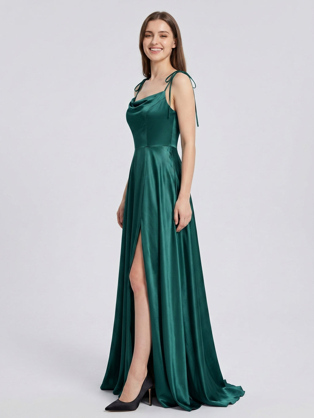 Peacock Satin A-Line Cowl Neck Backless Floor-Length Pleated Bridesmaid Dress