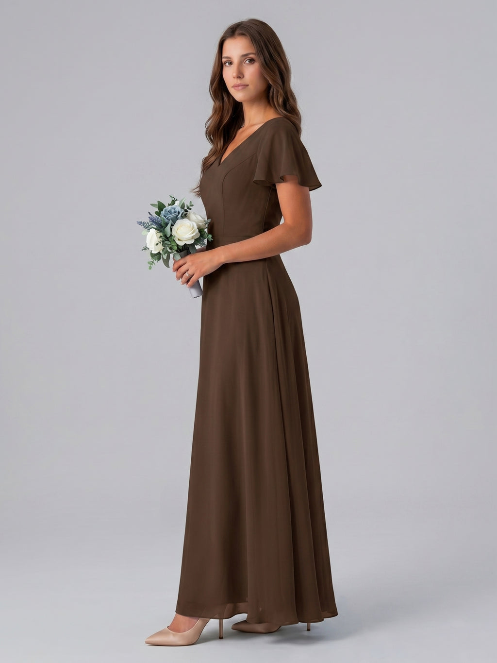 Mocha Chiffon A-Line V-Neck Keyhole Back Floor-Length Bridesmaid Dress