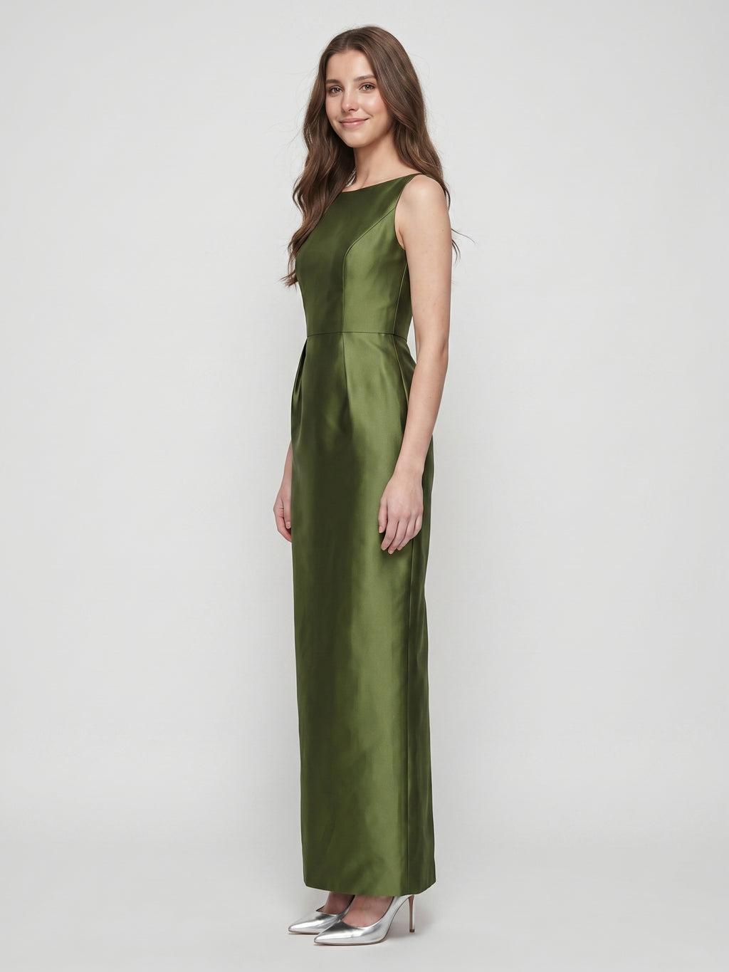Olive Green Satin Column Straight Neck V-Back Floor-Length Bridesmaid Dress with Pockets
