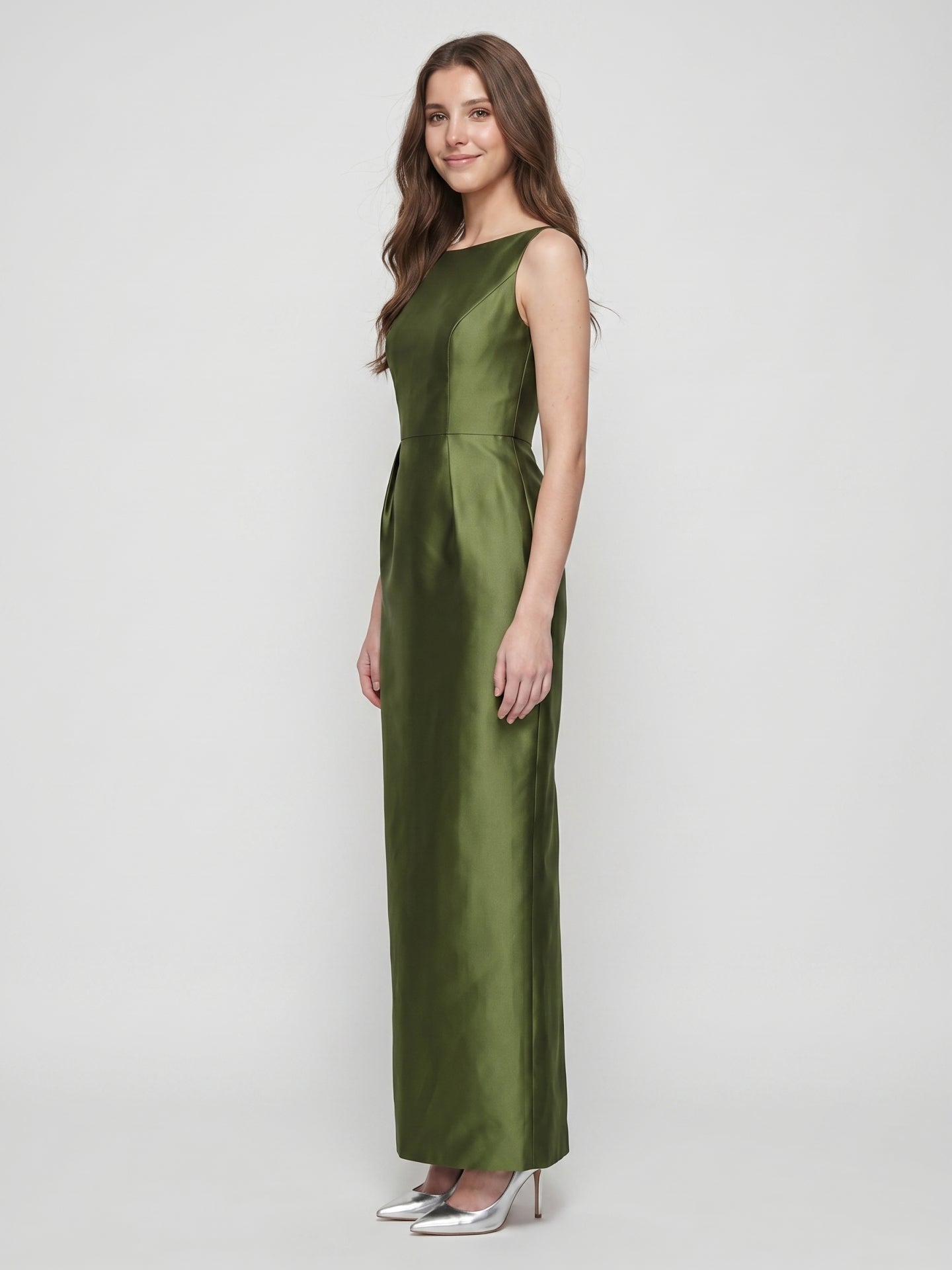 Olive Green Satin Column Straight Neck V-Back Floor-Length Bridesmaid Dress with Pockets