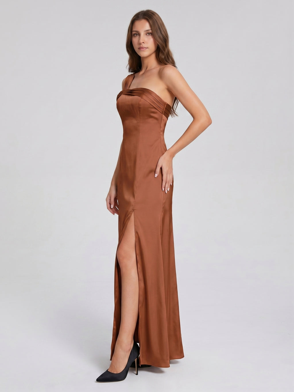 Terracotta Satin Column One Shoulder Backless Floor-Length Bridesmaid Dress