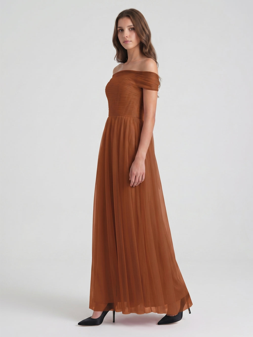 Terracotta Tulle A-Line Off-the-Shoulder Backless Floor-Length Bridesmaid Dress with Bow